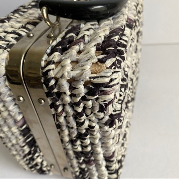 Vintage 50s Box Bag Woven Raffia Straw Purse Gray Black Cottagecore Lunchbox - Picture 5 of 12